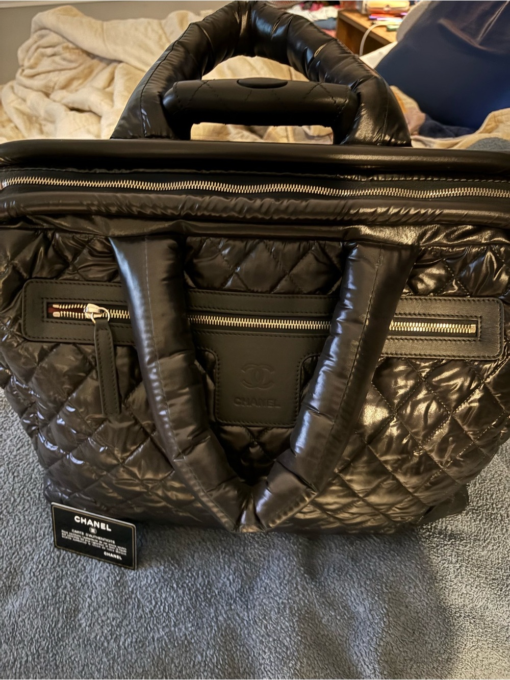 CHANEL Black Quilted Puffer Laptop Tote with Top Handles
